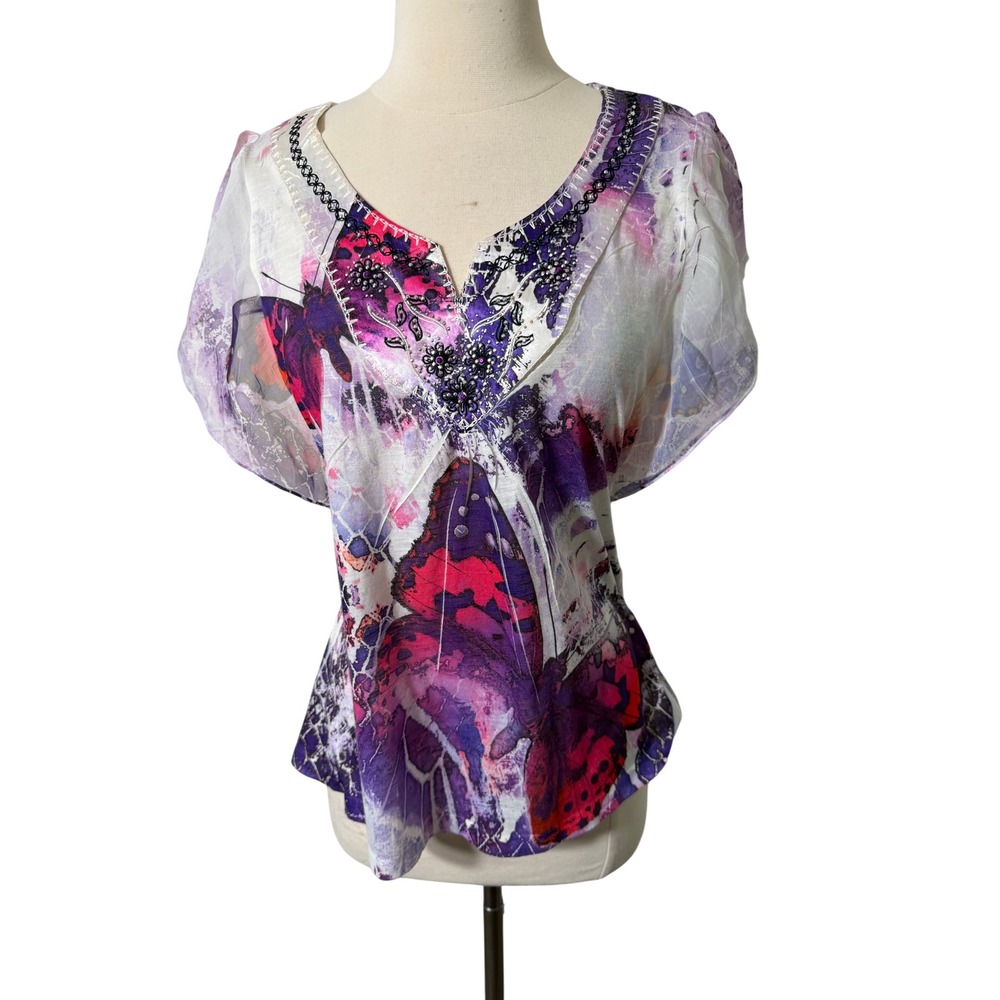 Live and Let Live Petite Purple Butterfly Beaded Embroidered V-Neck Blouse PL